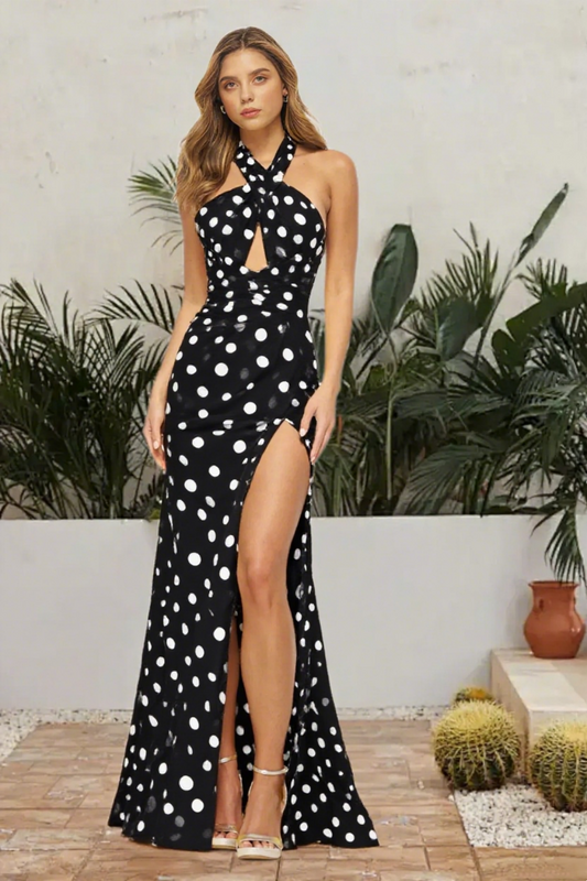 Dressime Sheath Halter Keyhole Polka Dots Long Prom Dress With Slit