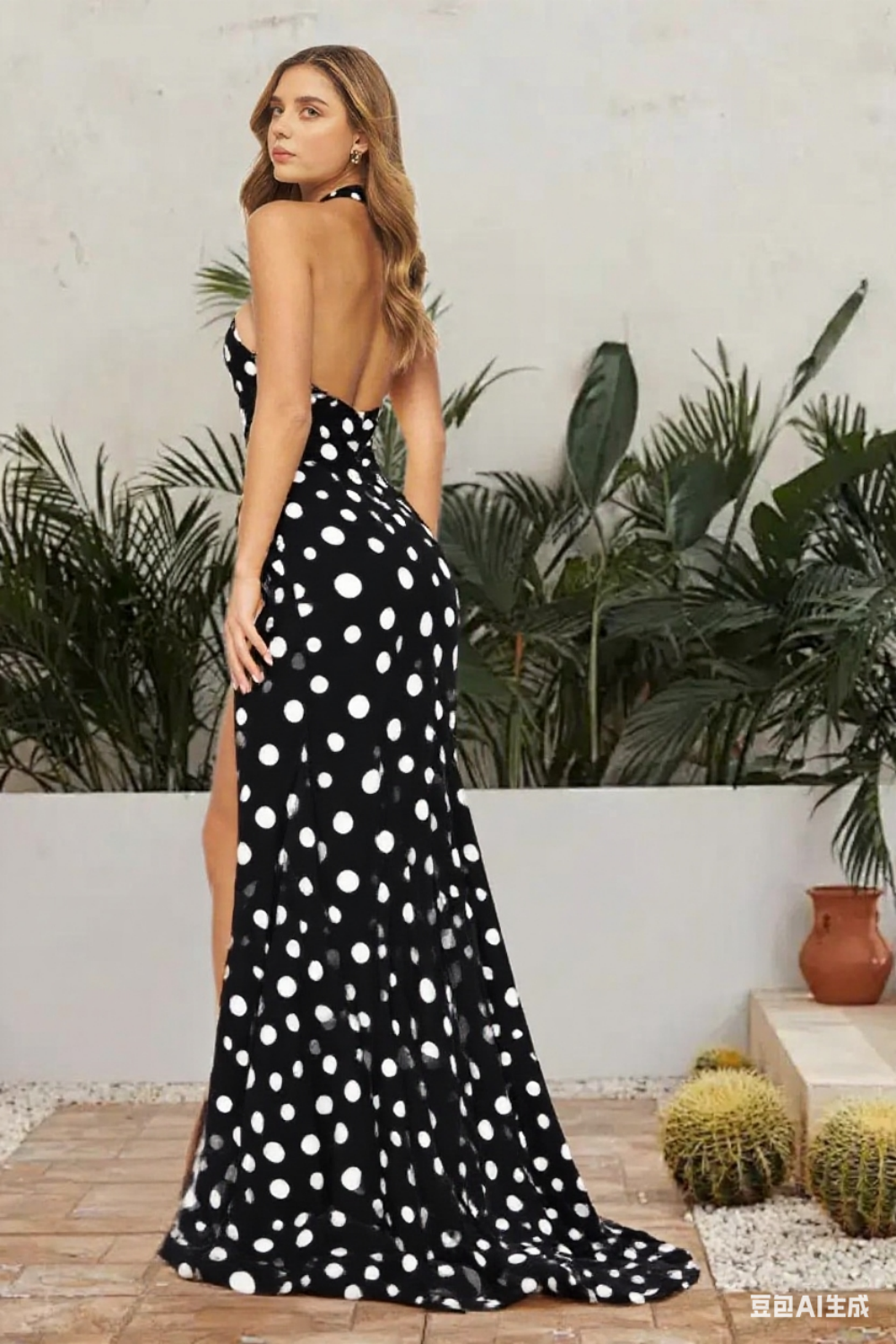 Dressime Sheath Halter Keyhole Polka Dots Long Prom Dress With Slit