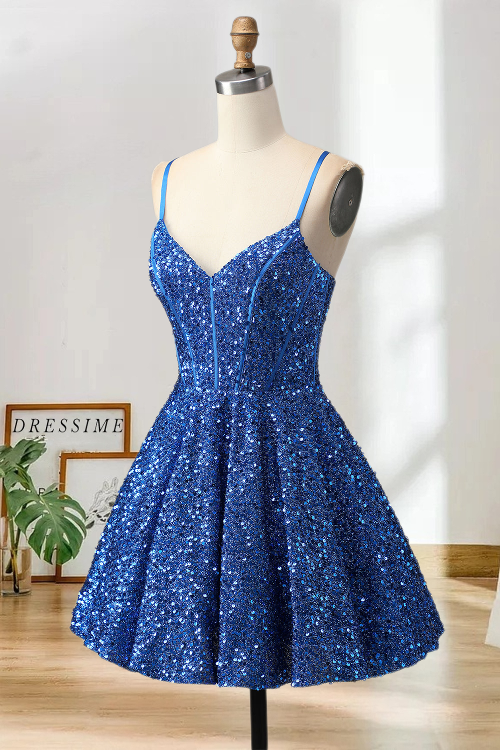 Dressime Shiny A Line Spaghetti Straps Sequins Corset Mini Cocktail Dress