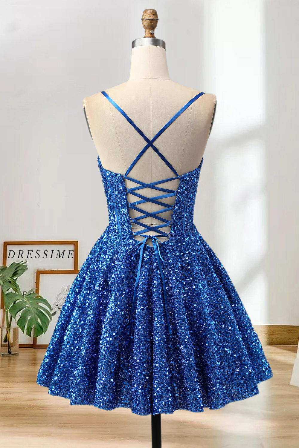 Dressime Shiny A Line Spaghetti Straps Sequins Corset Mini Cocktail Dress
