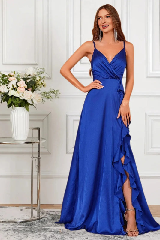 Dressime Silky A Line Spaghetti Straps Satin Slit Long Formal Dress