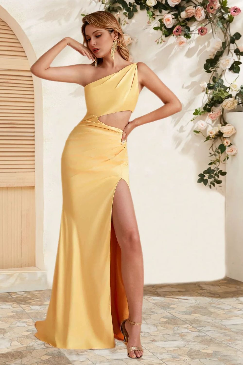 Dressime Simple Mermaid Satin One Shoulder Cutout Slit Long Bridesmaid Dress