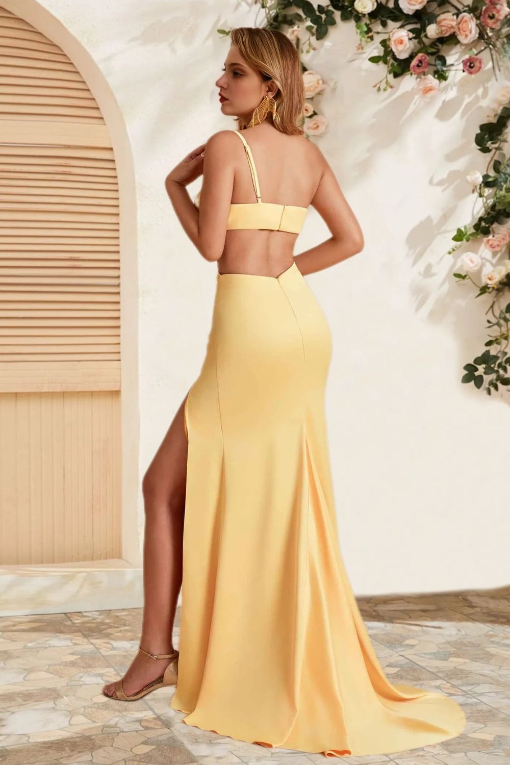 Dressime Simple Mermaid Satin One Shoulder Cutout Slit Long Bridesmaid Dress