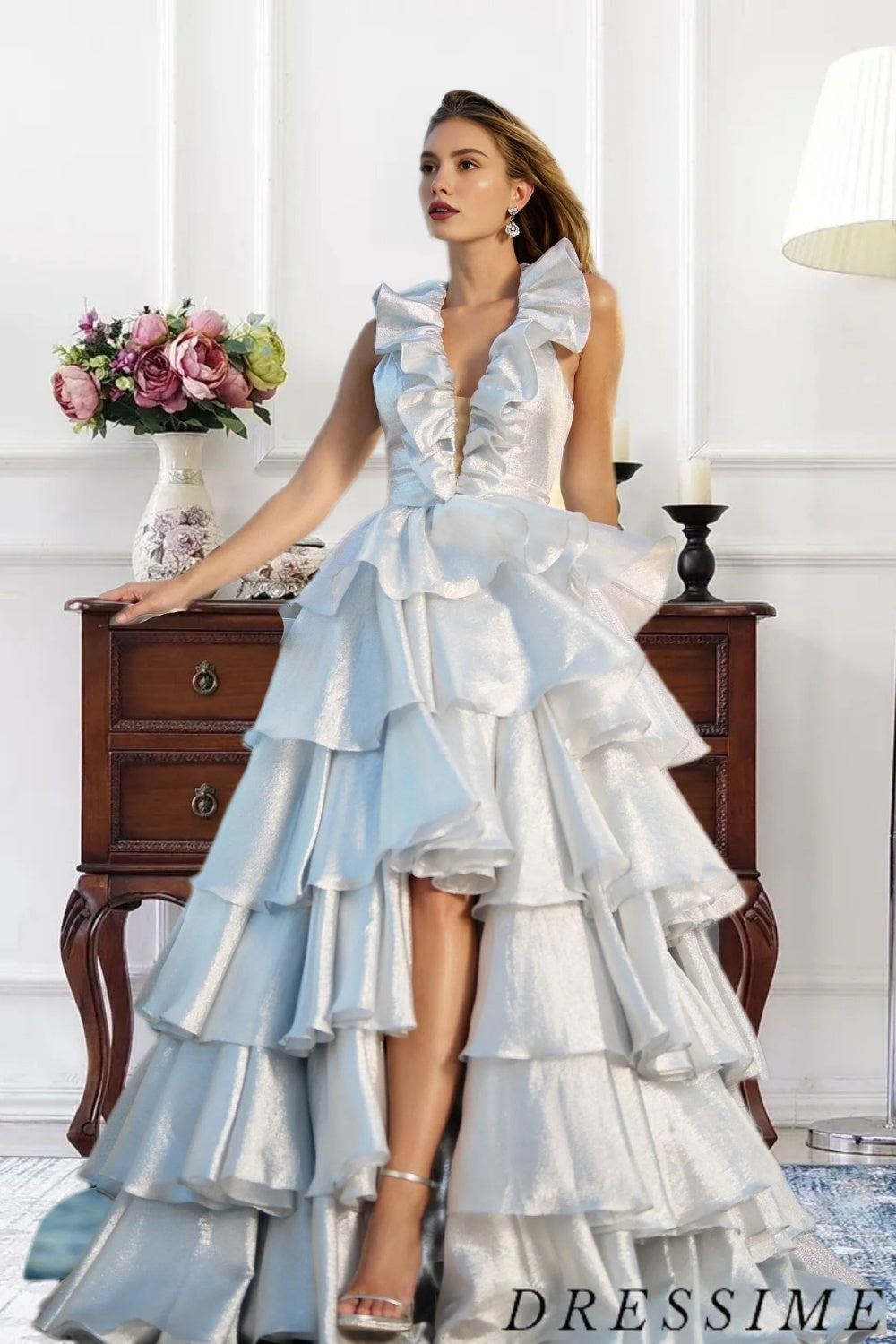 Dressime Women Silver Sparkly A Line Halter Metallic Satin Tiered Long Prom Dress dressime Dressime Women Silver Sparkly A Line Halter Metallic Satin Tiered Long Prom Dress dressime