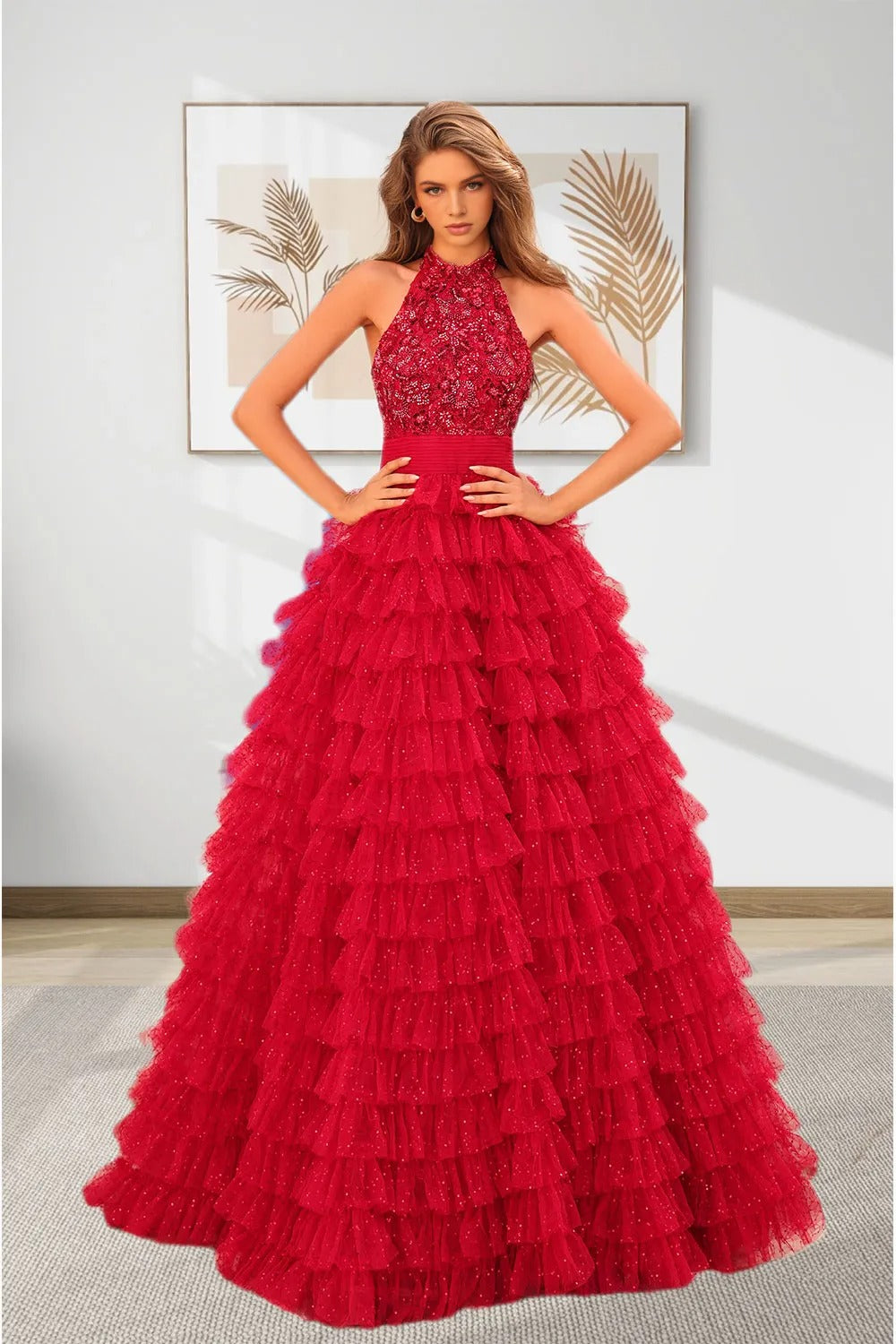 Dressime Women's Sparkly Red Prom Dress A Line Halter Tulle Beaded Tiered Evening Dress dressime Dressime Women's Sparkly Red Prom Dress A Line Halter Tulle Beaded Tiered Evening Dress dressime