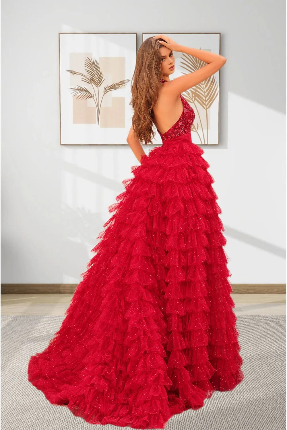 Dressime Sparkly A Line Halter Tulle Beaded Tiered Prom Dress