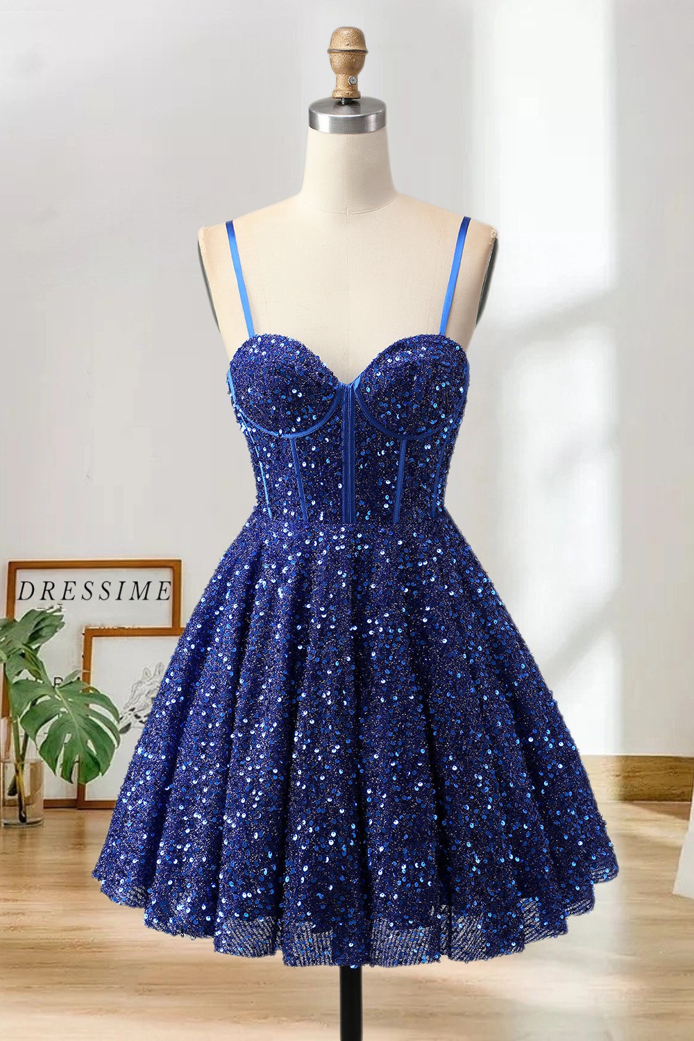 Dressime Sparkly A Line Spaghetti Straps Corset Sequins Mini Cocktail Dress