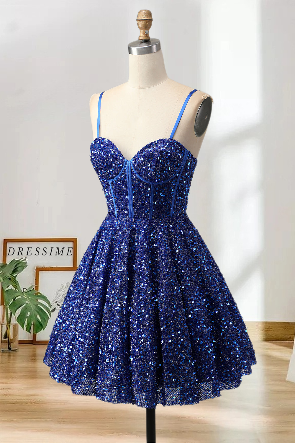 Dressime Sparkly A Line Spaghetti Straps Corset Sequins Mini Cocktail Dress