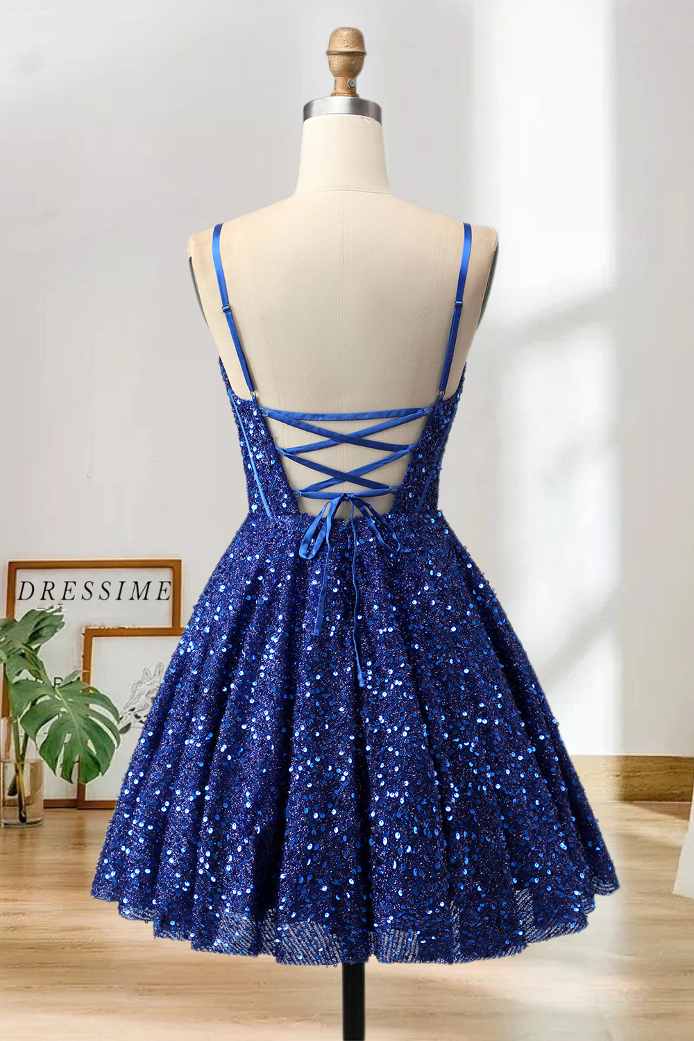 Dressime Sparkly A Line Spaghetti Straps Corset Sequins Mini Cocktail Dress