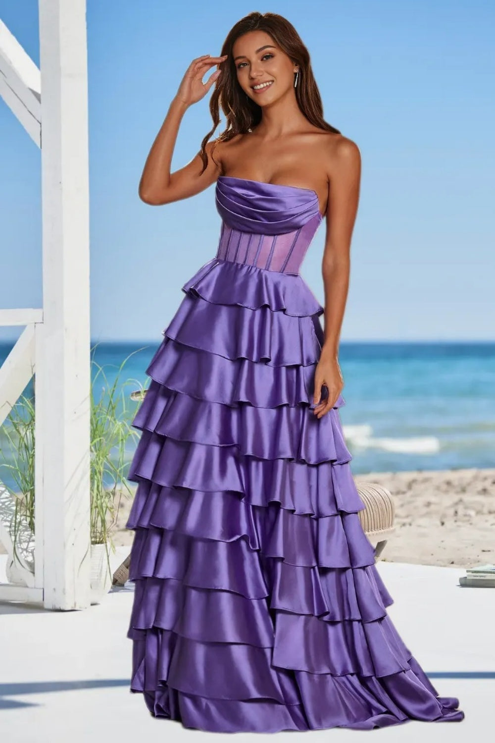 Dressime Sparkly A Line Strapless Corset Long Prom Dress
