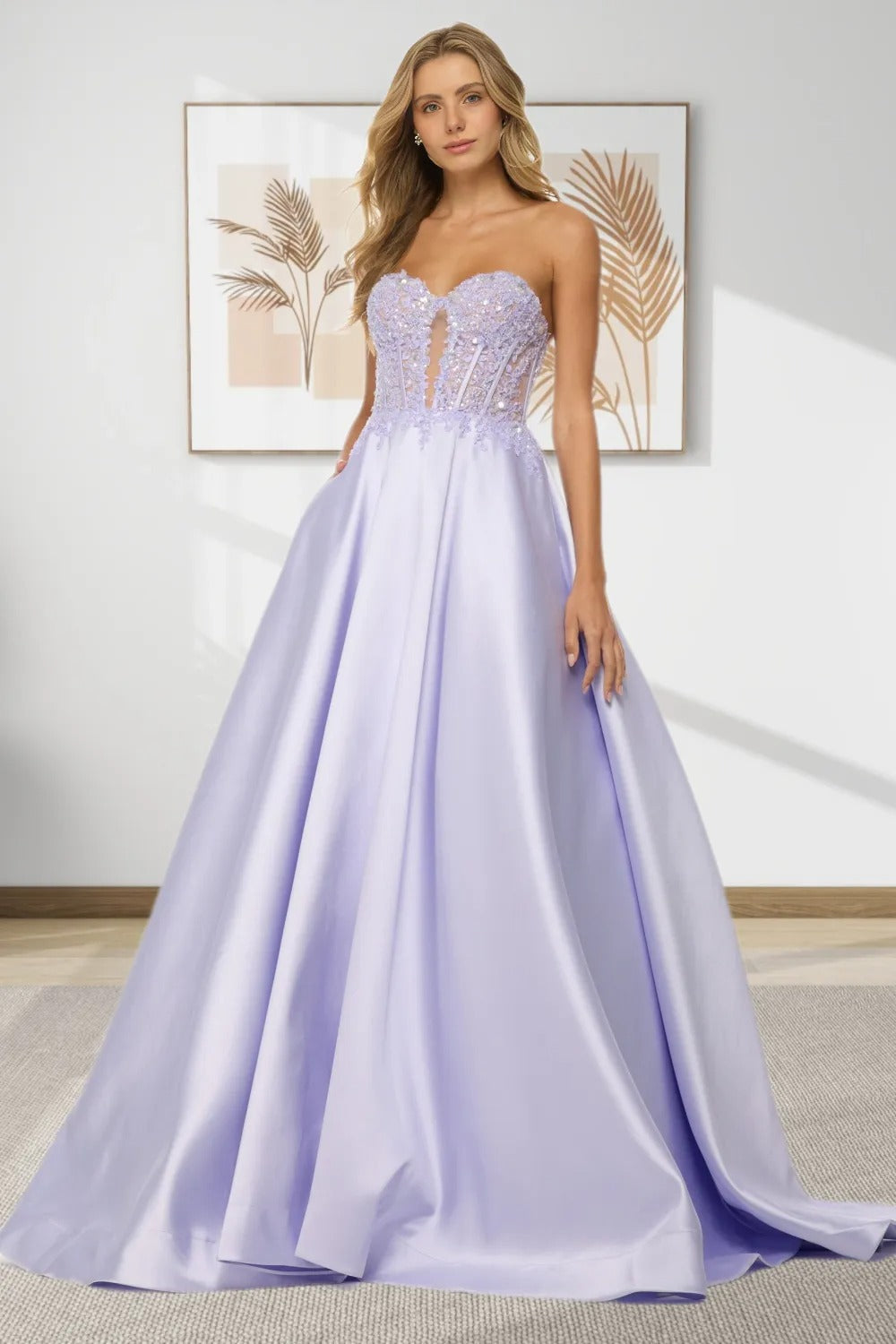 Dressime Sparkly A Line Sweetheart Satin Prom Dress With Appliques