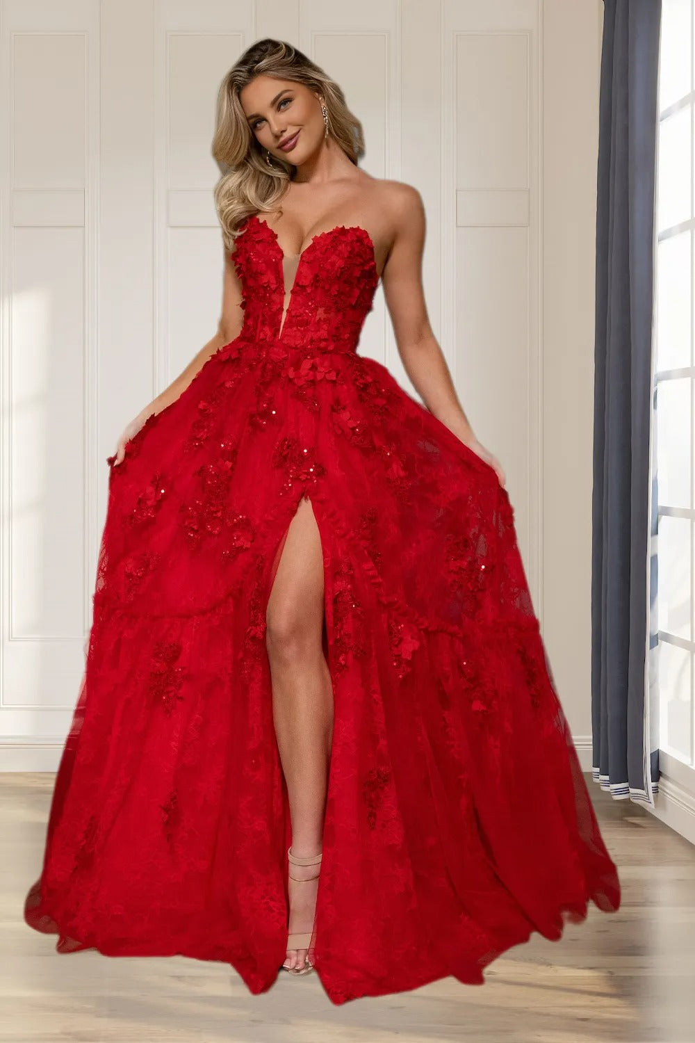 Dressime Women Red Prom Dress Sparkly A Line V Neck Tulle Evening Gown With Appliques dressime Dressime Women Red Prom Dress Sparkly A Line V Neck Tulle Evening Gown With Appliques dressime