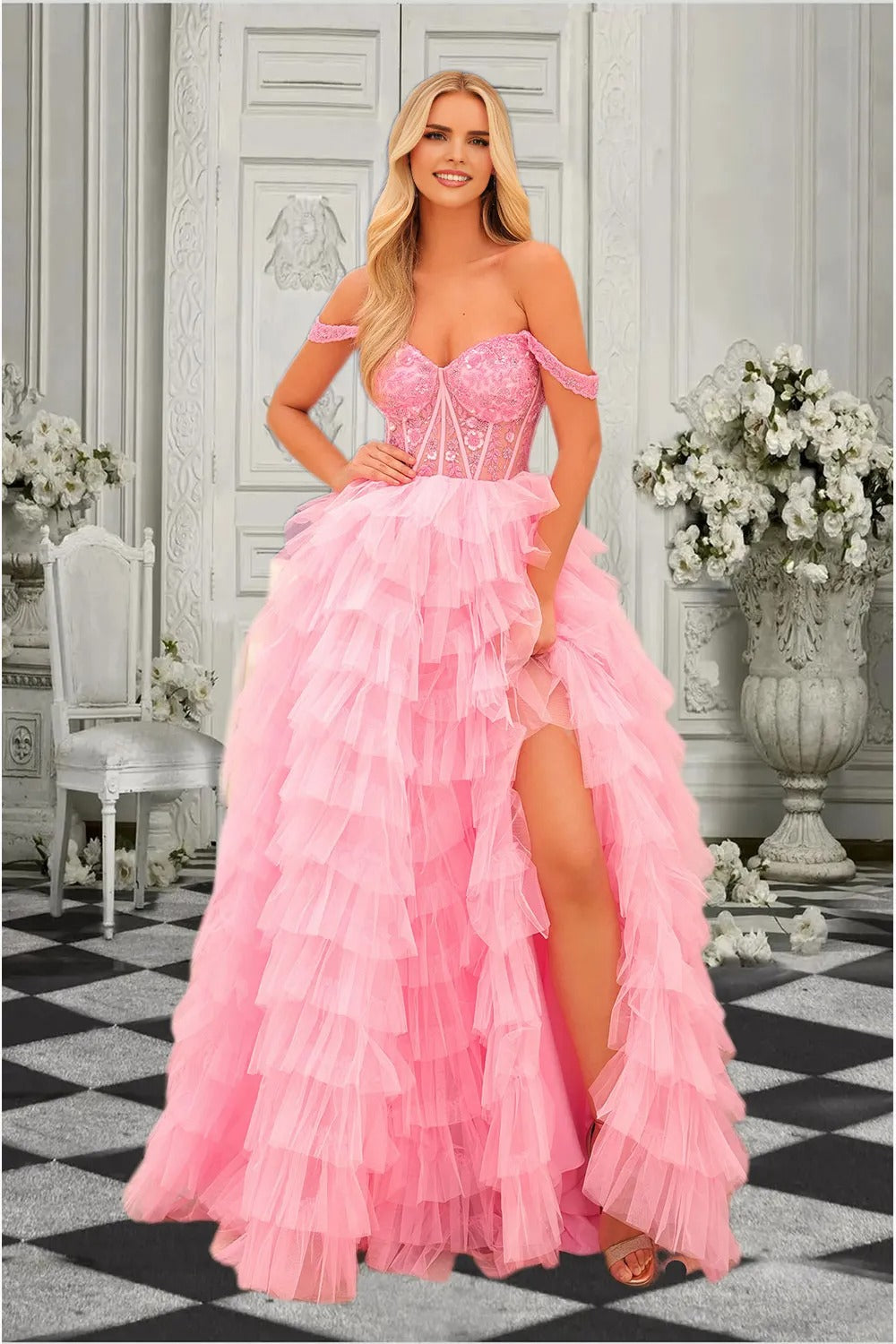 Dressime Sparkly Ball Gown Sweetheart Corset Tulle Tiered Prom Dress With Sequins