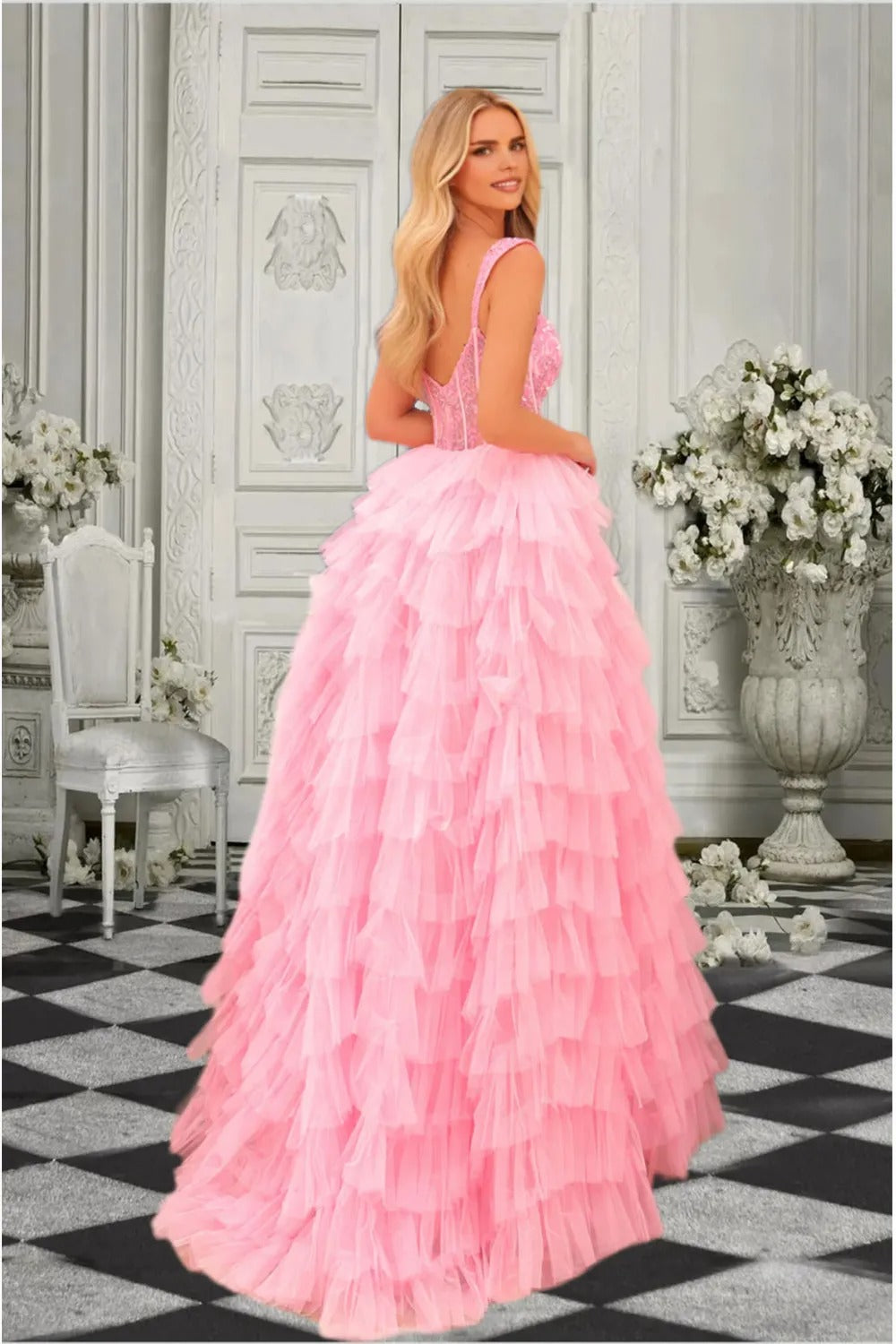 Dressime Sparkly Ball Gown Sweetheart Corset Tulle Tiered Prom Dress With Sequins