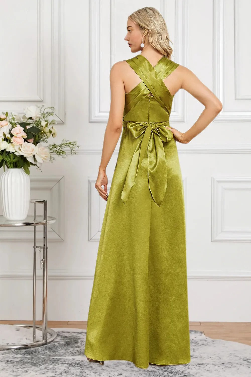 Dressime Sparkly A Line Scoop Satin Long Formal Dress