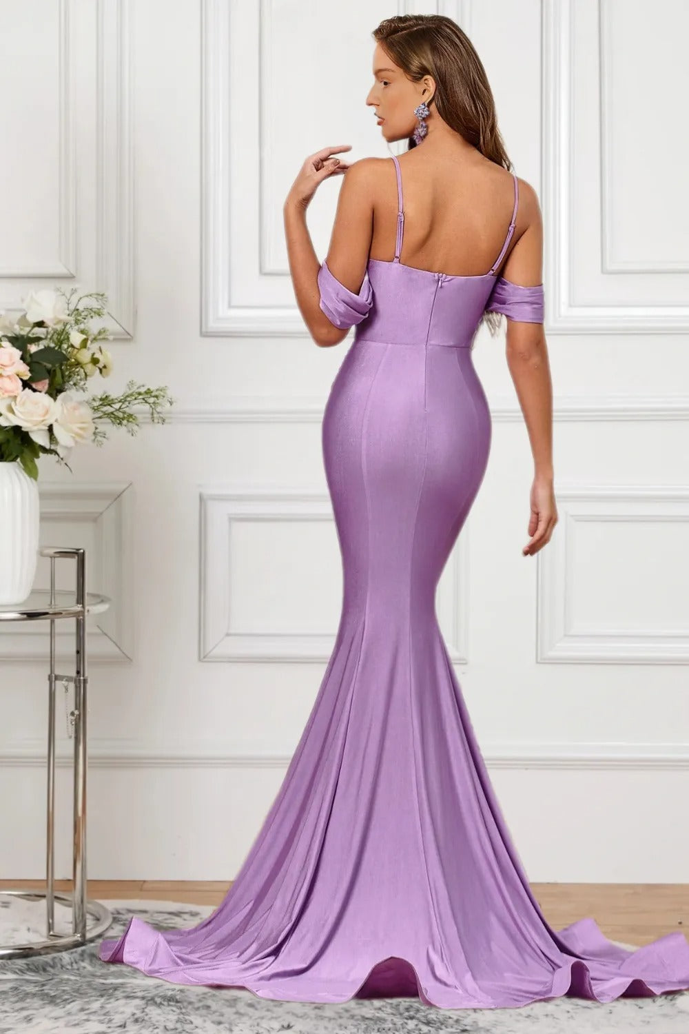 Dressime Sparkly Mermaid Off The Shoulder Satin Long Formal Dress