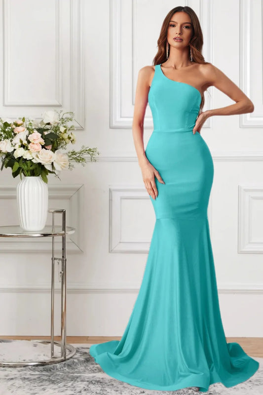 Dressime Sparkly Mermaid One Shoulder Satin Long Formal Dress