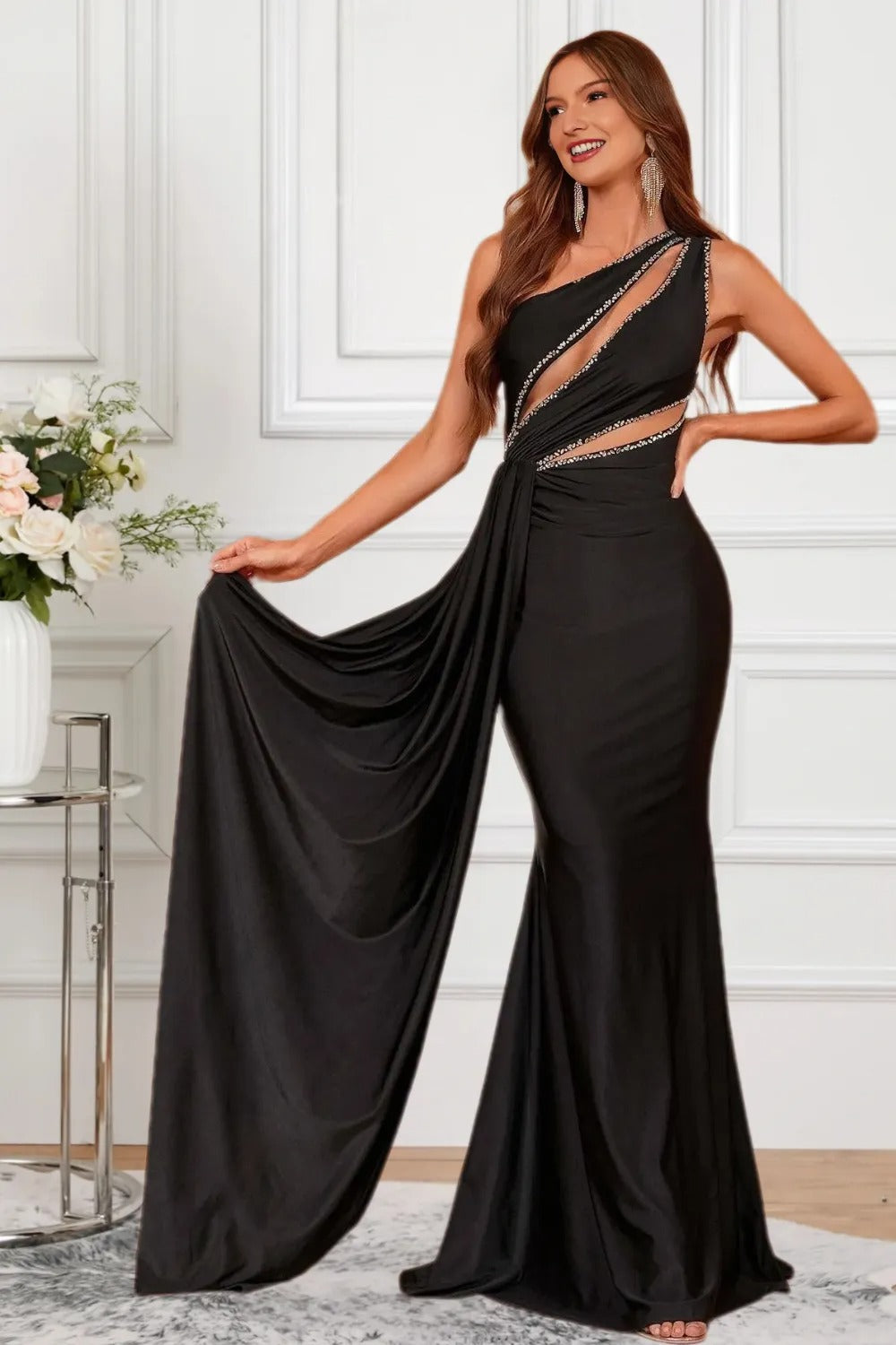Dressime Women Black Formal Dress Sparkly Mermaid One Shoulder Satin Long Party Dress With Train dressime Dressime Women Black Formal Dress Sparkly Mermaid One Shoulder Satin Long Party Dress With Train dressime