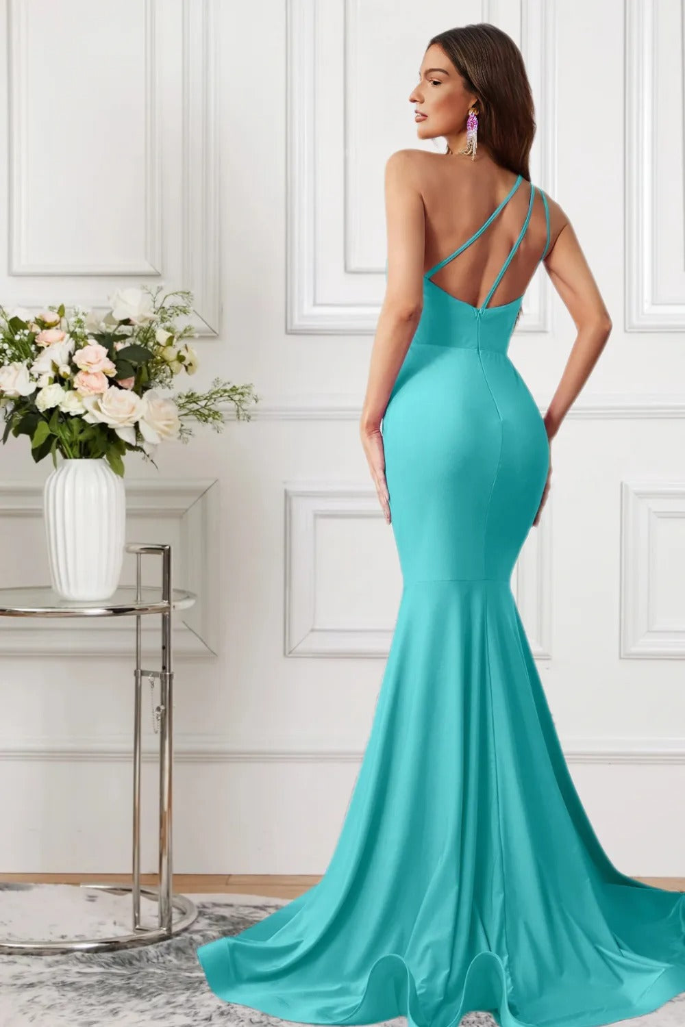 Dressime Sparkly Mermaid One Shoulder Satin Long Formal Dress