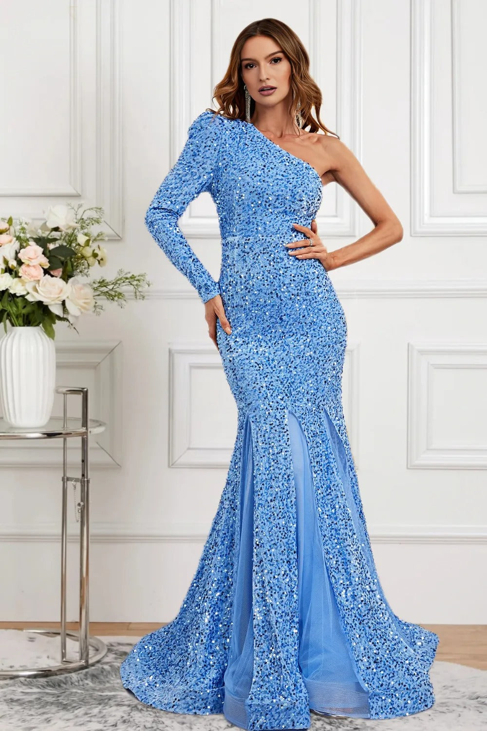 Dressime Women Blue Sequin Formal Dress Sparkly Mermaid One Shoulder Sequin Long Sleeves Long Prom Dress dressime Dressime Women Blue Sequin Formal Dress Sparkly Mermaid One Shoulder Sequin Long Sleeves Long Prom Dress dressime