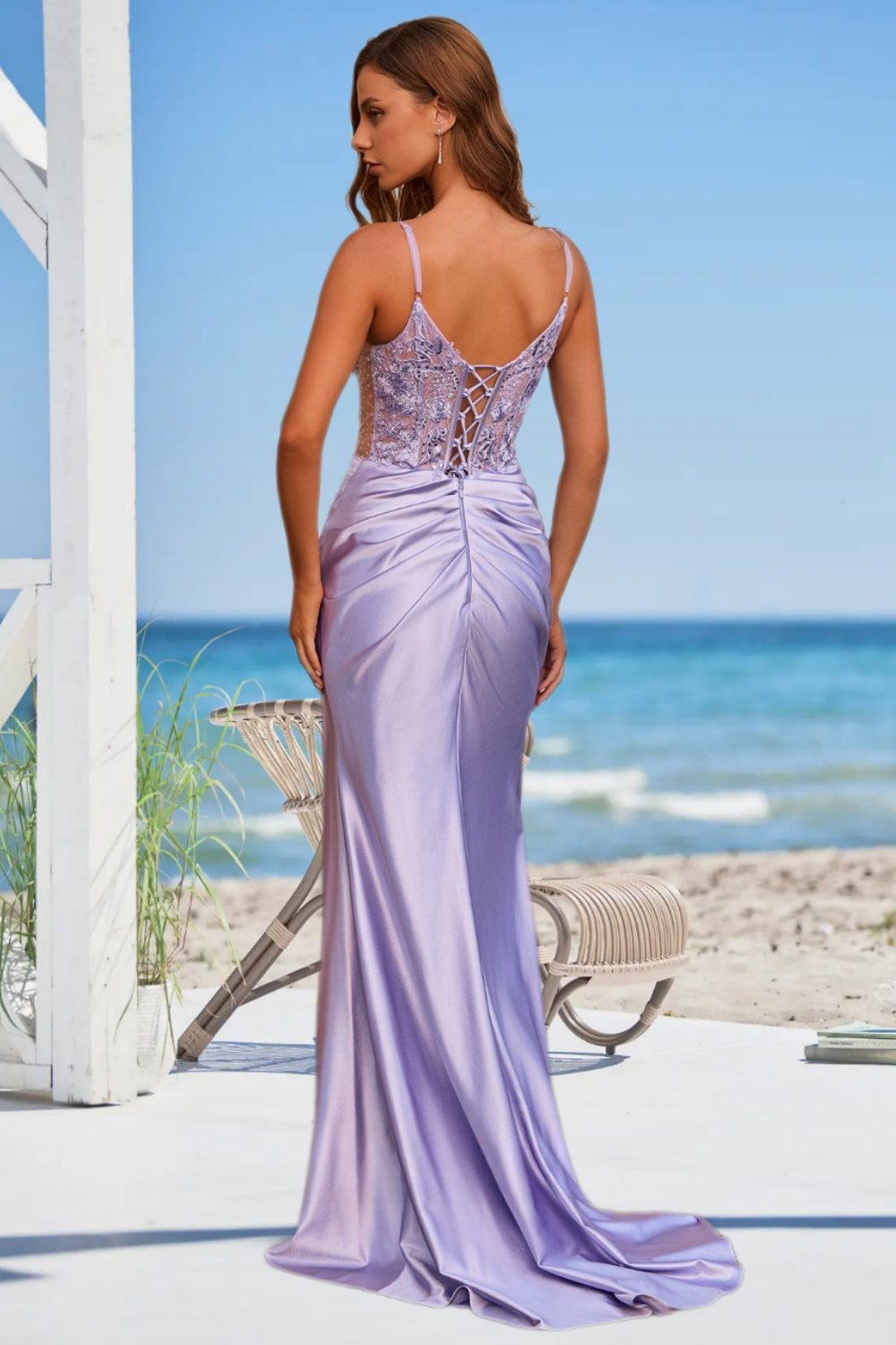 Dressime Sparkly Mermaid Spaghetti Straps Satin Prom Dress With Slit