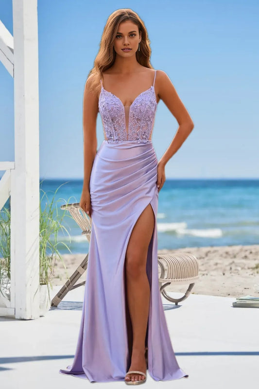 Dressime Sparkly Mermaid Spaghetti Straps Satin Prom Dress With Slit