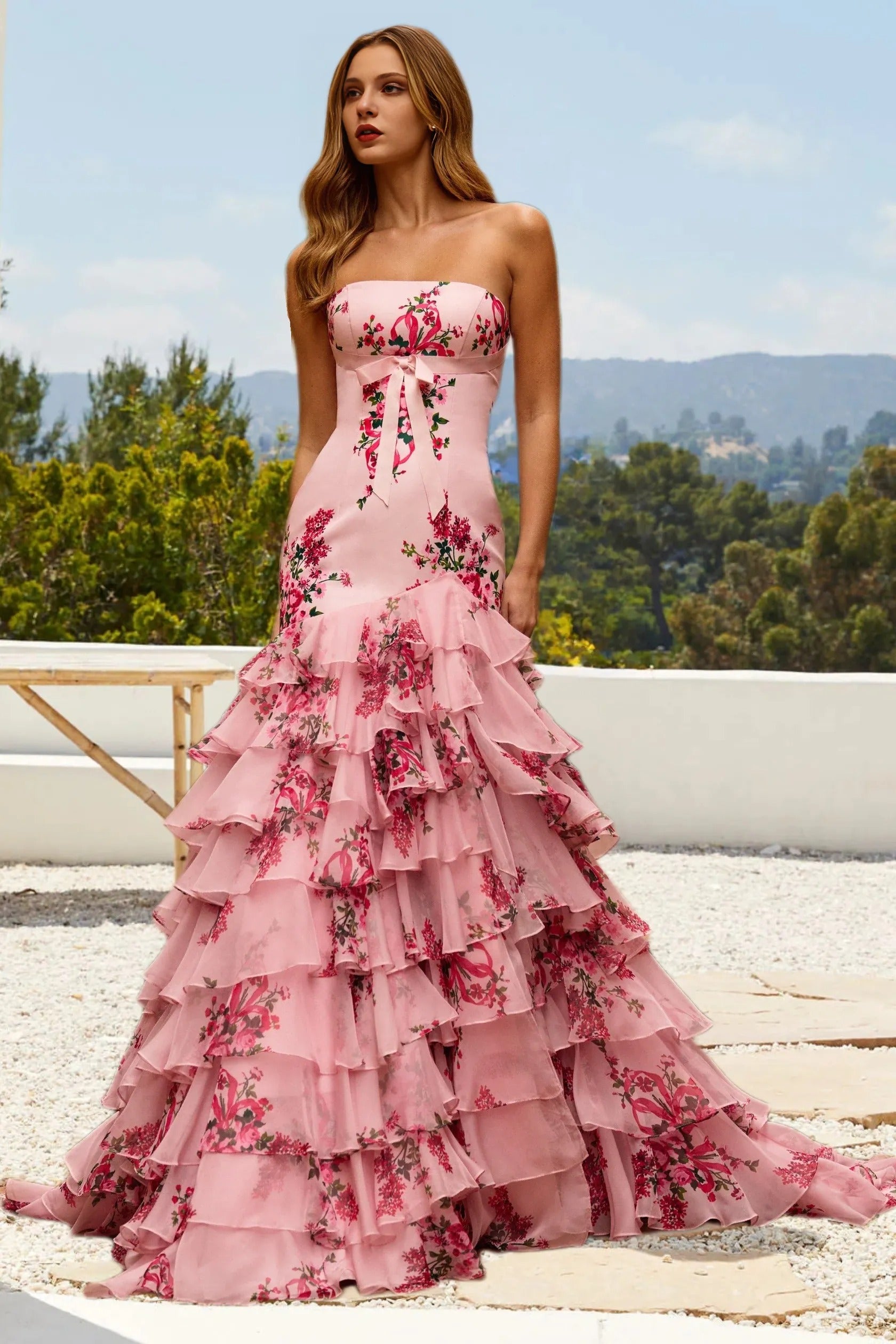 Dressime Women's Sparkly Pink Prom Dress Mermaid Strapless Printed Tiered Evening Dress dressime Dressime Women's Sparkly Pink Prom Dress Mermaid Strapless Printed Tiered Evening Dress dressime