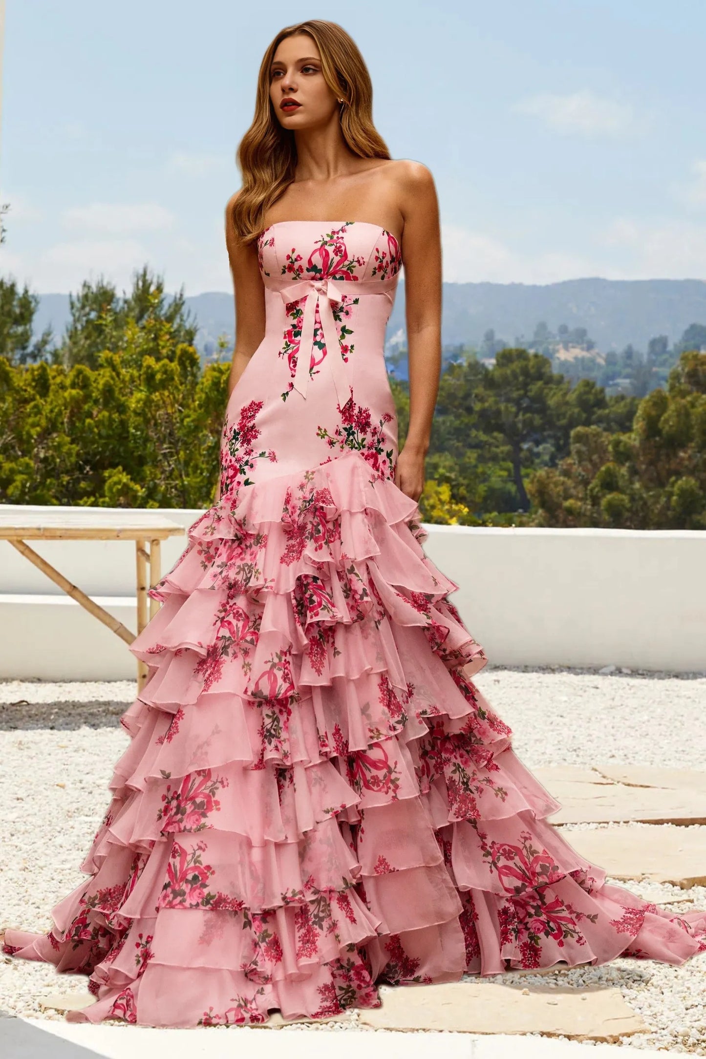 Dressime Sparkly Mermaid Strapless Printed Tiered Prom Dress