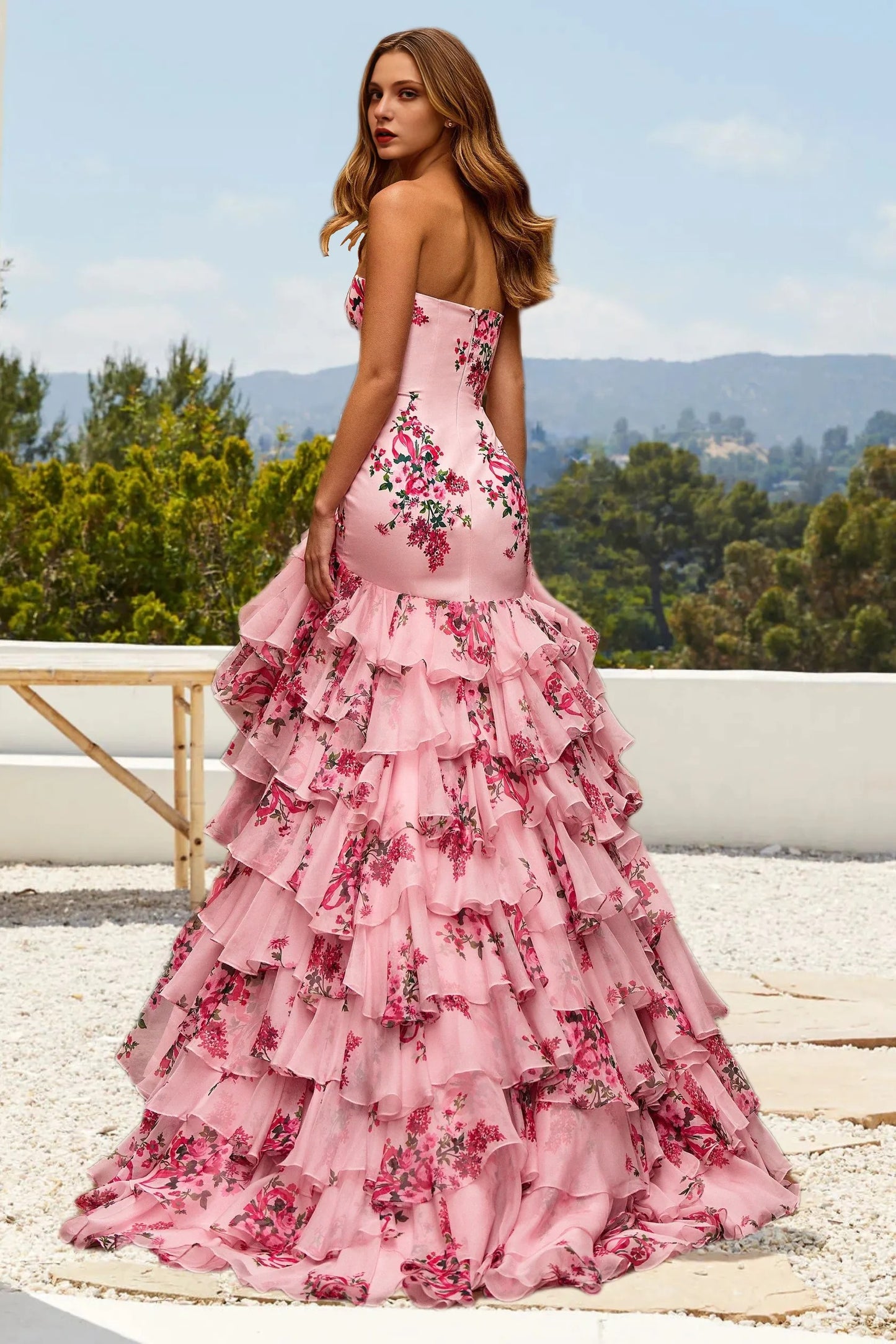 Dressime Sparkly Mermaid Strapless Printed Tiered Prom Dress