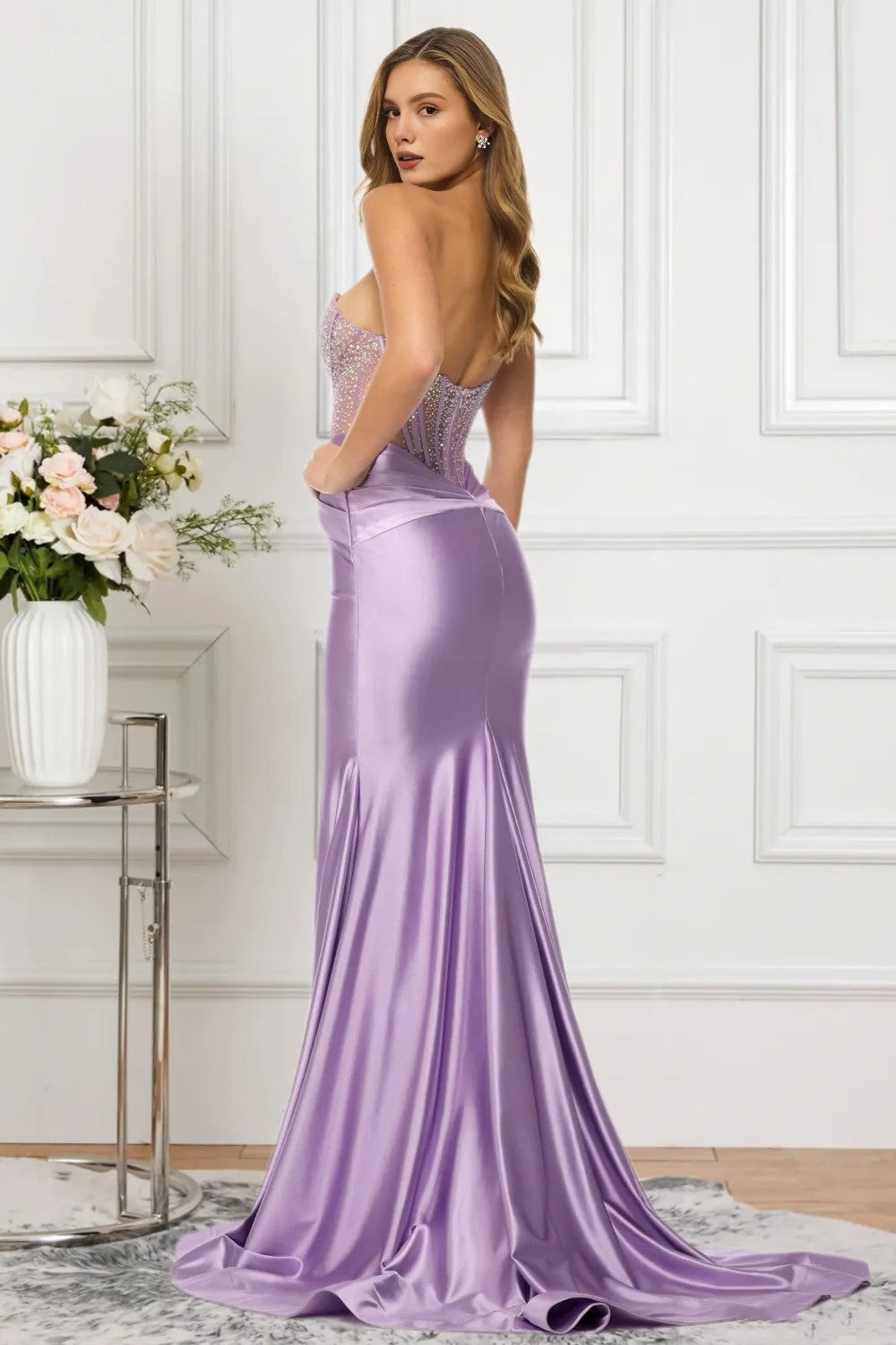 Dressime Sparkly Mermaid Strapless Satin Beaded Long Prom Dress