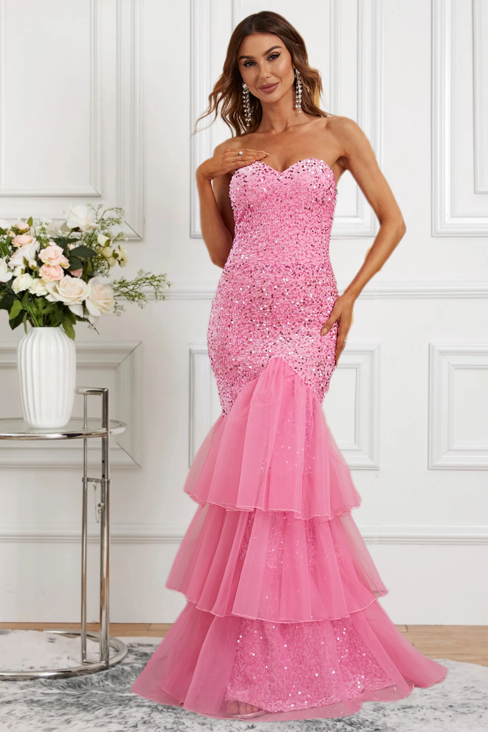 Dressime Women Pink Formal Dress Sparkly Mermaid Sweetheart Sequin Tiered Piping Long Prom Dress dressime Dressime Women Pink Formal Dress Sparkly Mermaid Sweetheart Sequin Tiered Piping Long Prom Dress dressime