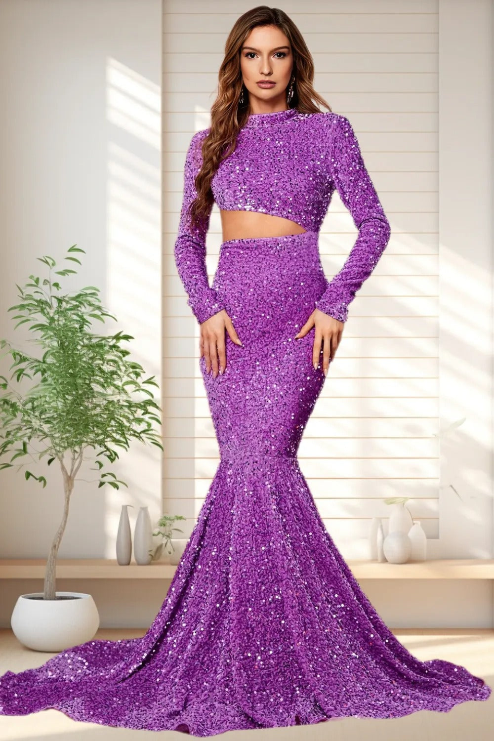 Dressime Women Purple Formal Dress Sparkly Mermaid V Neck Sequin Cutout Long Sleeves Prom Dress dressime Dressime Women Purple Formal Dress Sparkly Mermaid V Neck Sequin Cutout Long Sleeves Prom Dress dressime