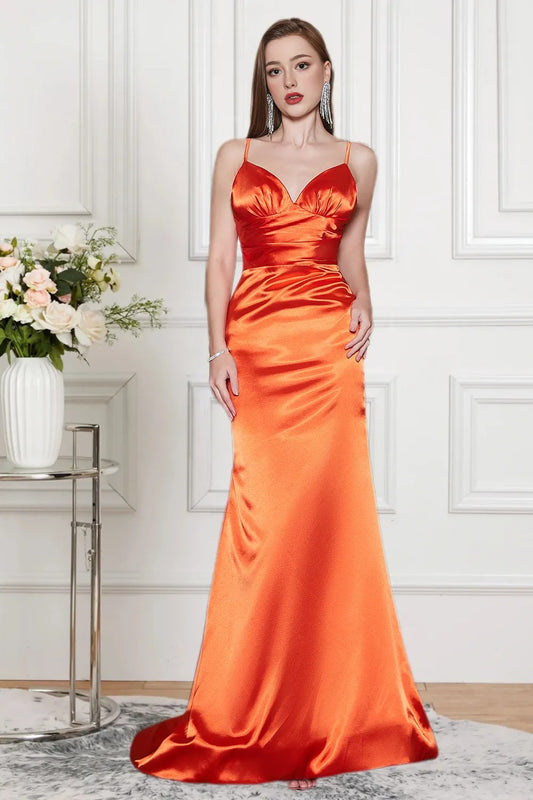 Dressime Sparkly Mermaid V Neck Satin Long Formal Dress