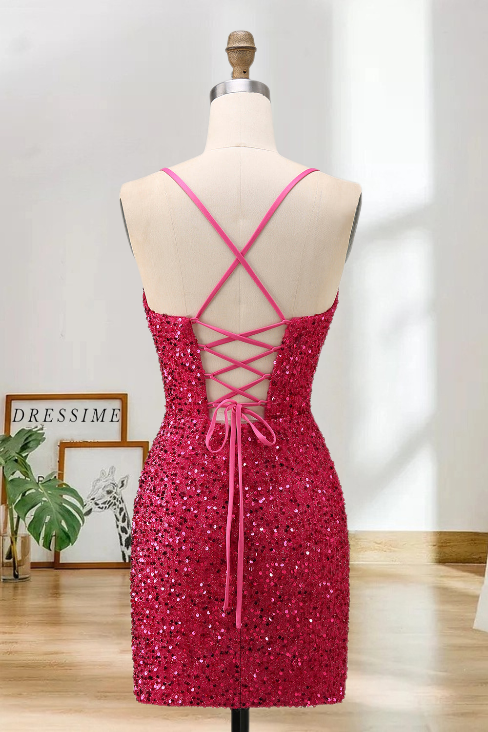 Dressime Sparkly Tight Spaghetti Straps Sequin Mini Cocktail Dress