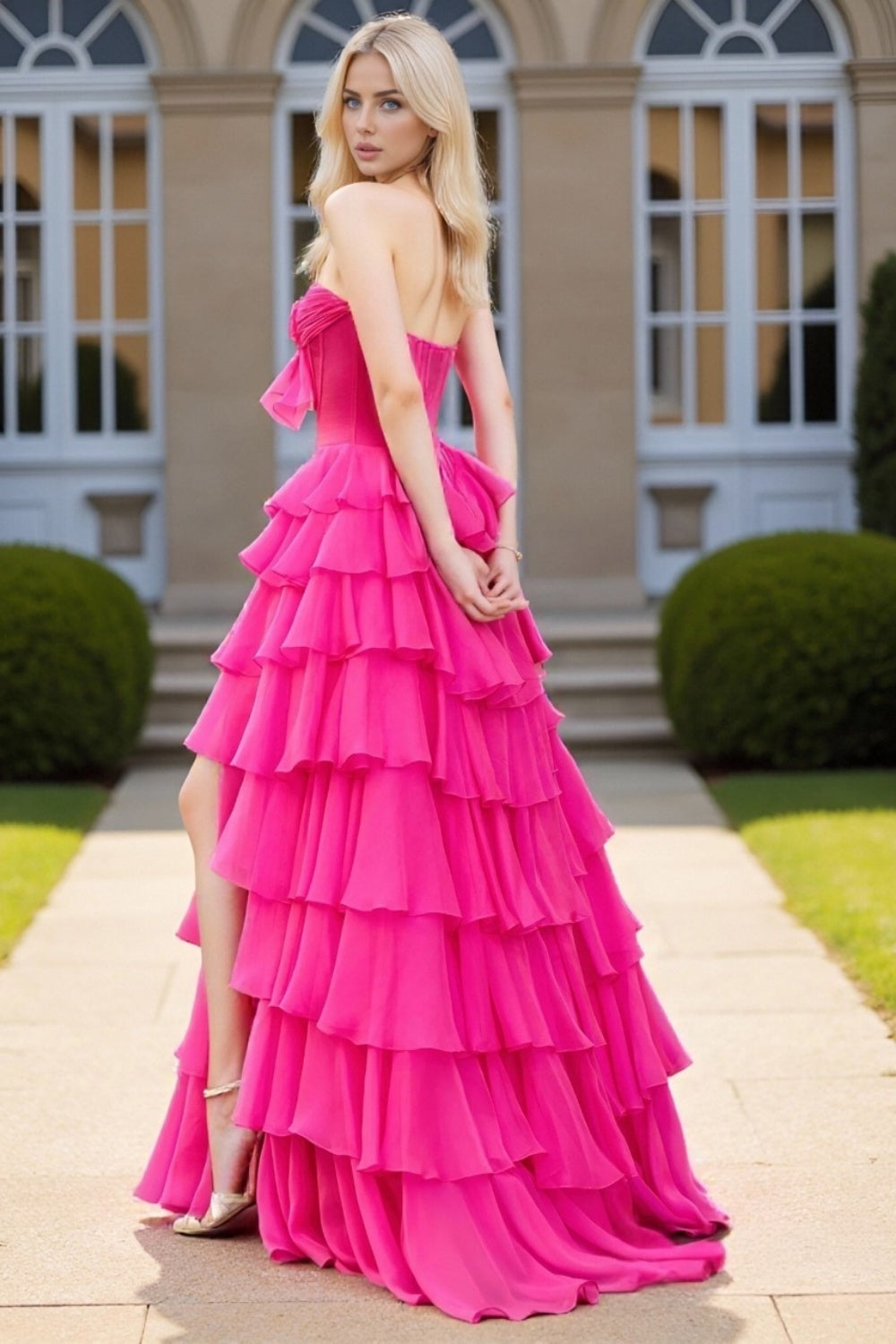 Dressime Stunning A Line Strapless Corset Ruffles Slit Long Tiered Prom Dress With Bow