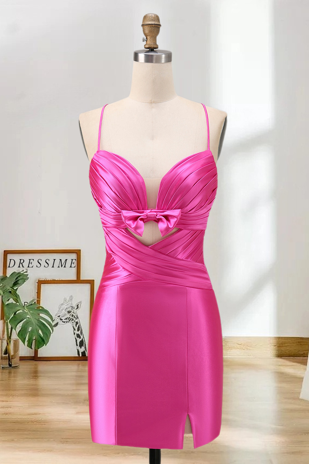 Dressime Tight Spaghetti Straps Keyhole Bow Satin Mini Cocktail Dress
