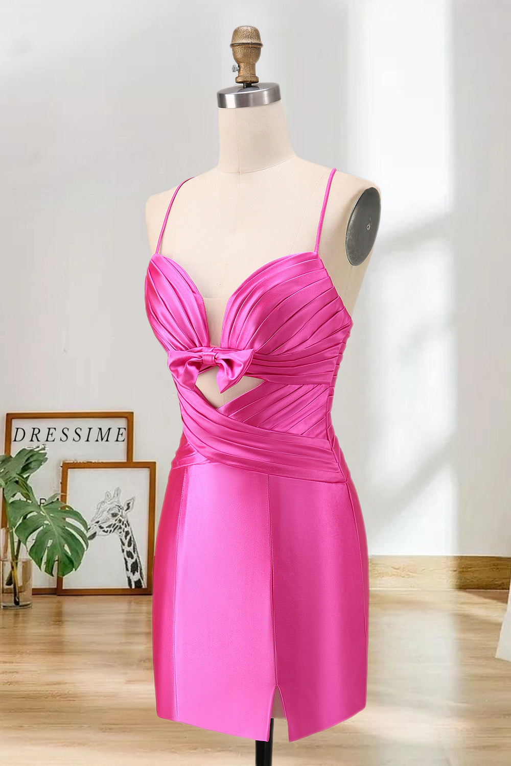 Dressime Tight Spaghetti Straps Keyhole Bow Satin Mini Cocktail Dress