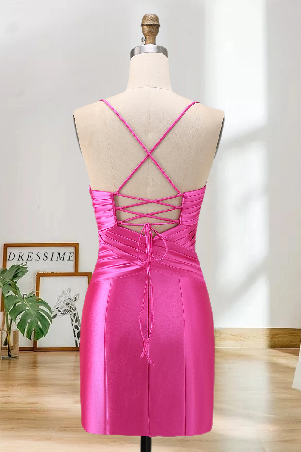 Dressime Tight Spaghetti Straps Keyhole Bow Satin Mini Cocktail Dress