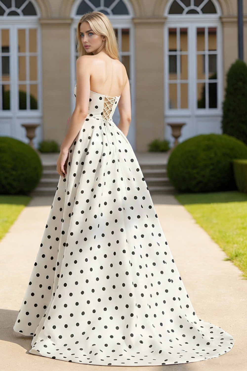 Dressime Trendy A Line Strapless Polka Dots Slit Long Prom Dress With Bowknot