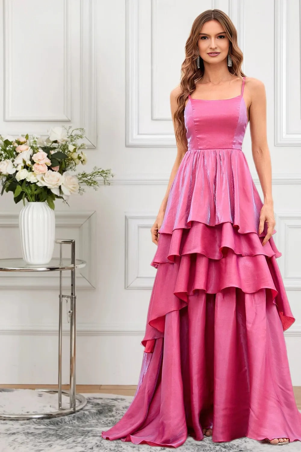 Dressime Unique A Line Spaghetti Straps Tiered Long Formal Dress