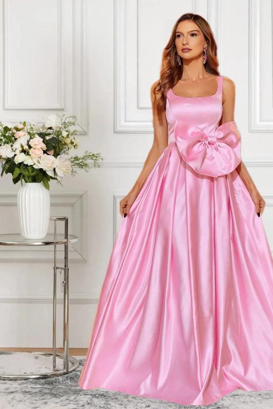 Dressime Unique A Line Straps Satin Long Formal Dress With Bow