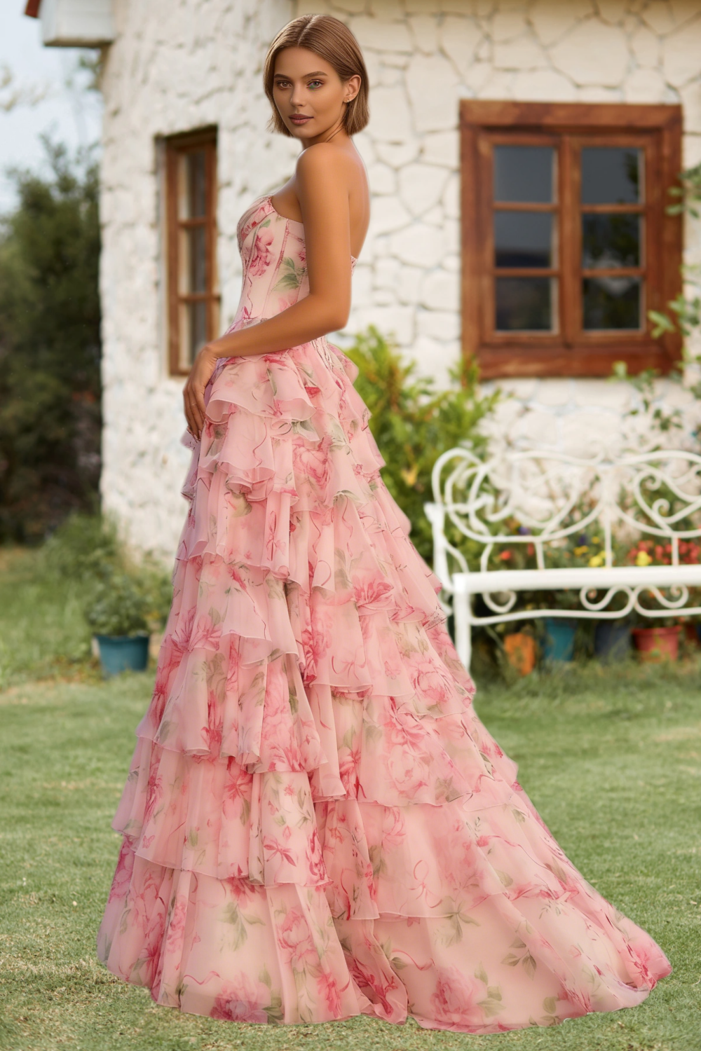 Dressime Vibrant A Line Sweetheart Appliques Corset Floral Printed Long Tiered Prom Dress With Slit