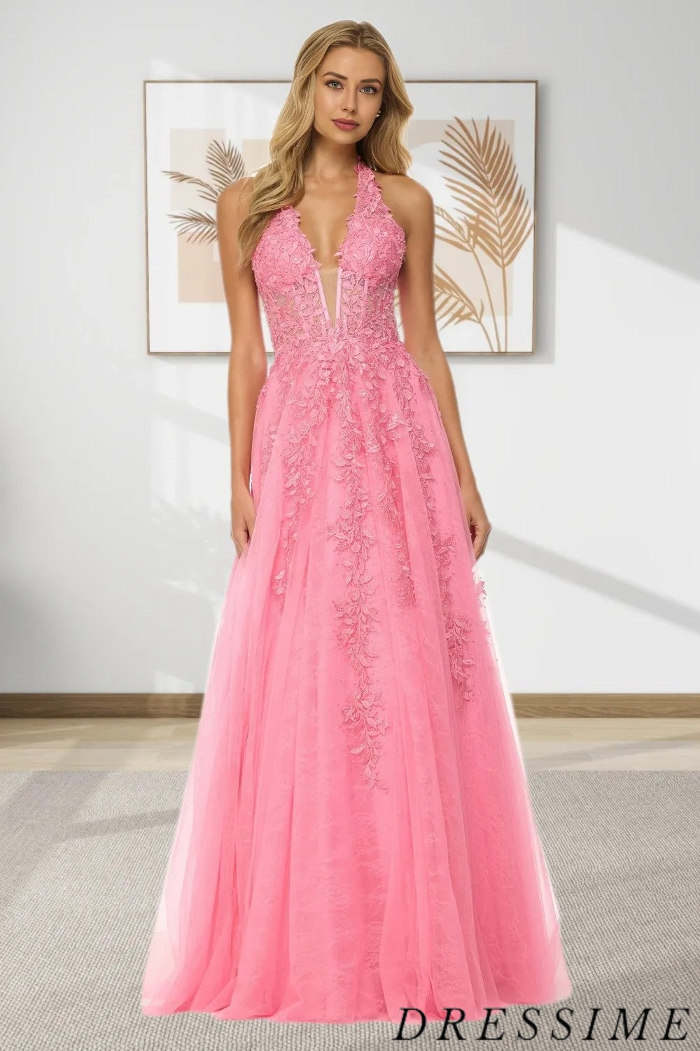 Dressime Women Vintage Pink Prom Dress A Line Halter Tulle Long Formal Dress With Appliques dressime Dressime Women Vintage Pink Prom Dress A Line Halter Tulle Long Formal Dress With Appliques dressime