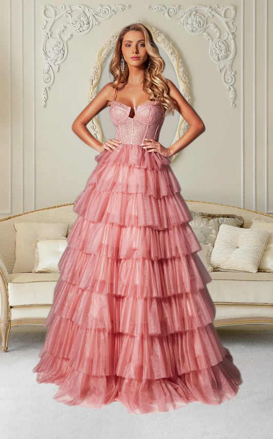 Dressime Vintage A Line Spaghetti Straps Tulle Tiered Prom Dress