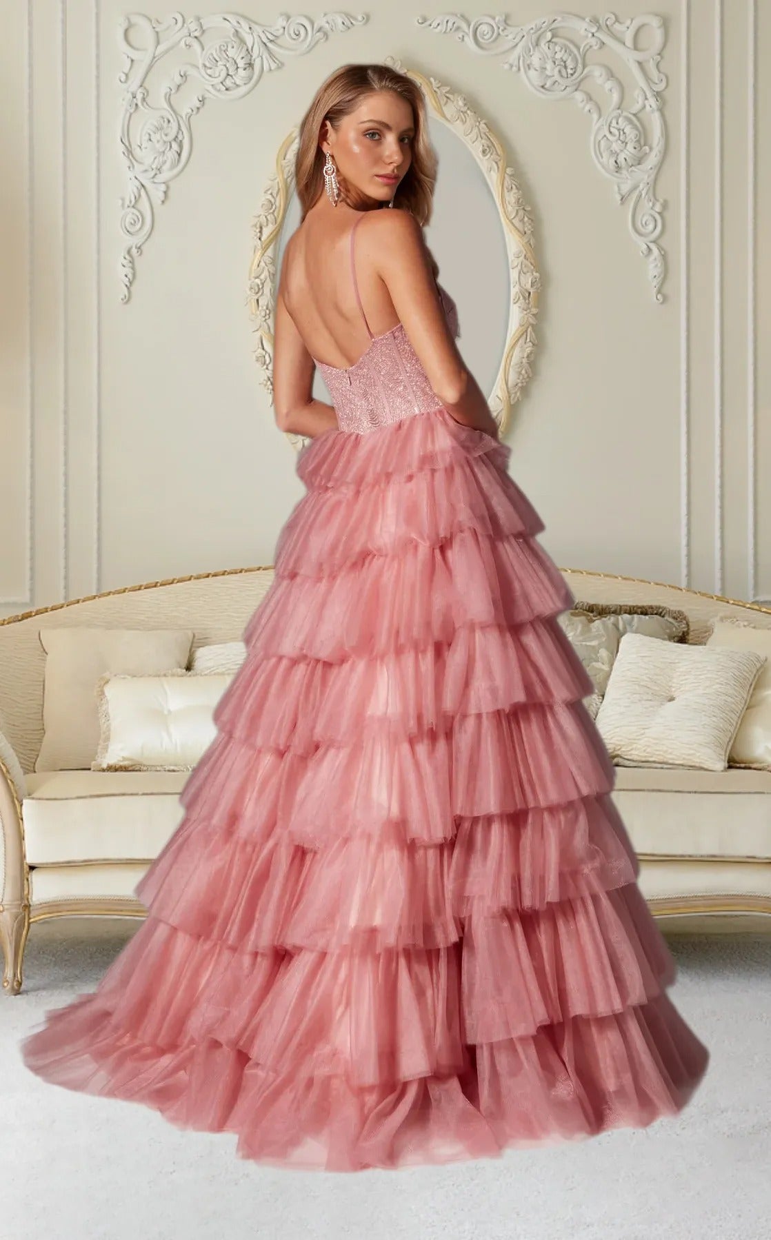 Dressime Vintage A Line Spaghetti Straps Tulle Tiered Prom Dress