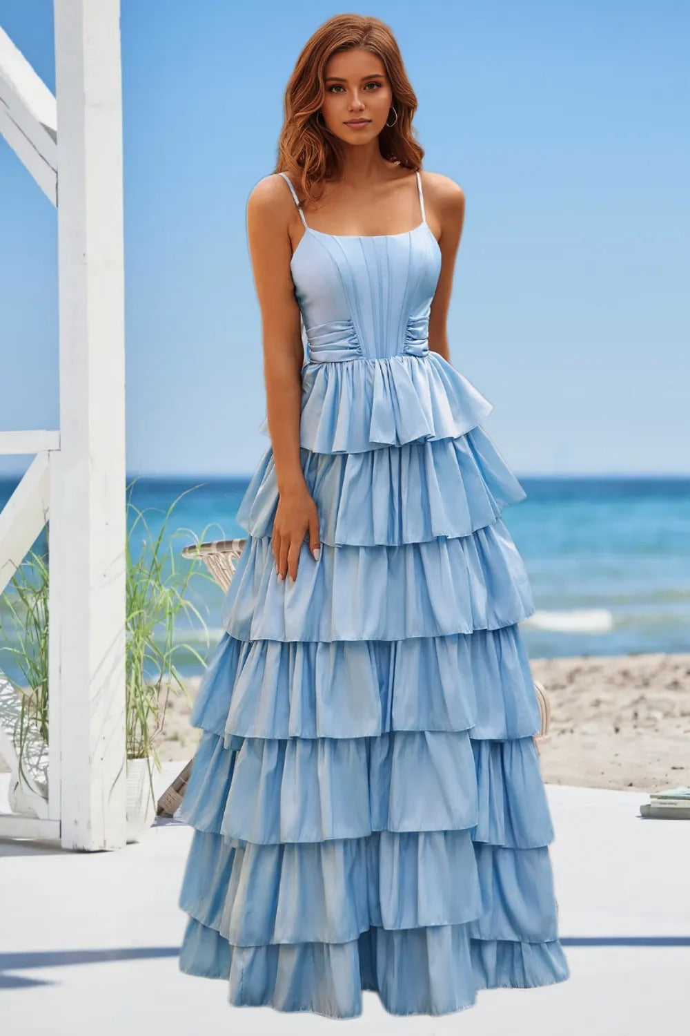 Dressime Vintage A Line Sweetheart Satin Tiered Long Prom Dress With Bow
