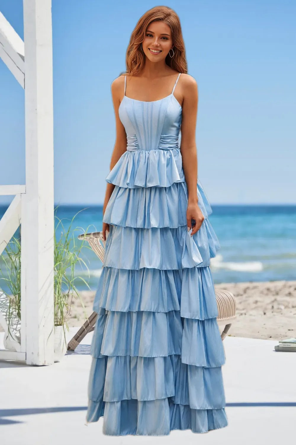 Dressime Vintage A Line Sweetheart Satin Tiered Long Prom Dress With Bow