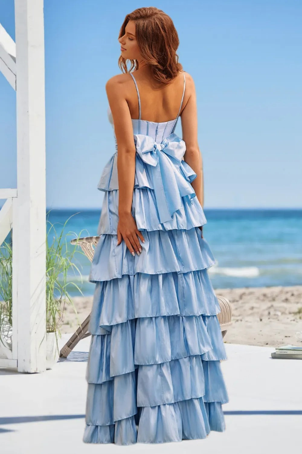 Dressime Vintage A Line Sweetheart Satin Tiered Long Prom Dress With Bow