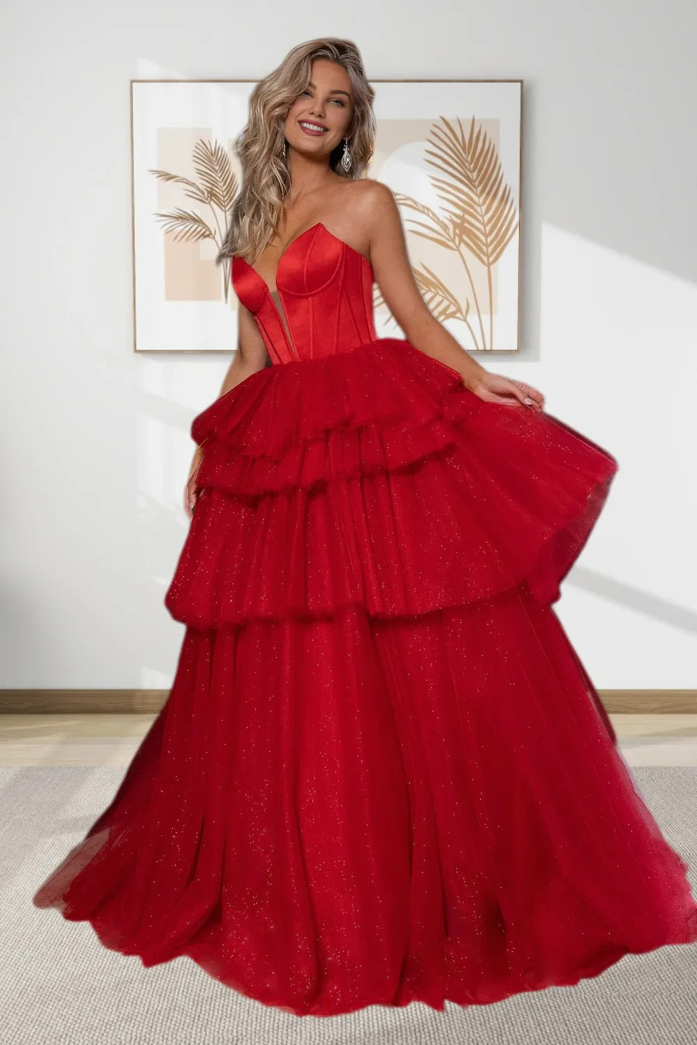 Dressime Women Red Prom Dress Vintage A Line V Neck Tiered Evening Gown dressime Dressime Women Red Prom Dress Vintage A Line V Neck Tiered Evening Gown dressime
