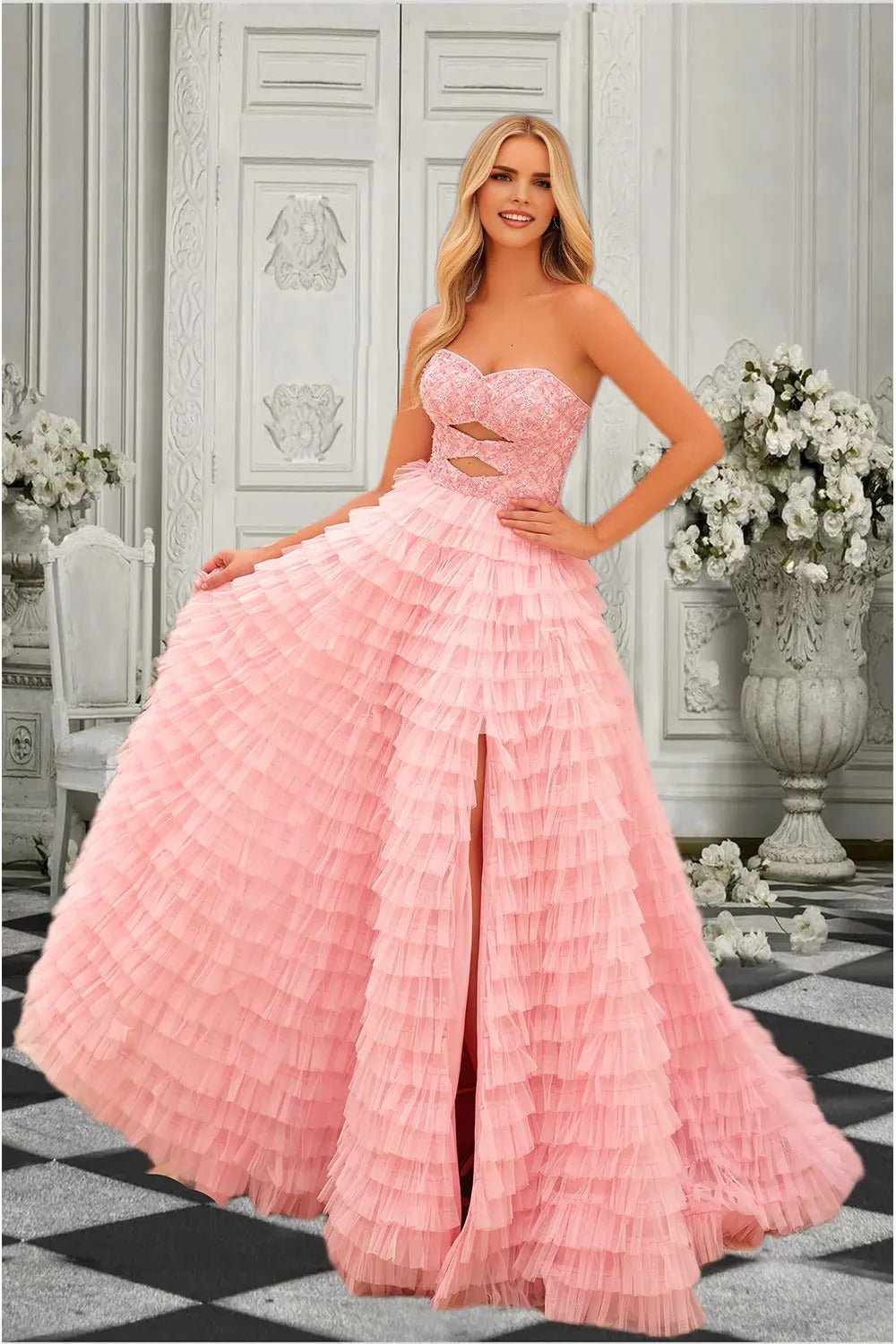 Dressime Vintage Ball Gown Sweetheart Keyhole Tulle Tiered Prom Dress